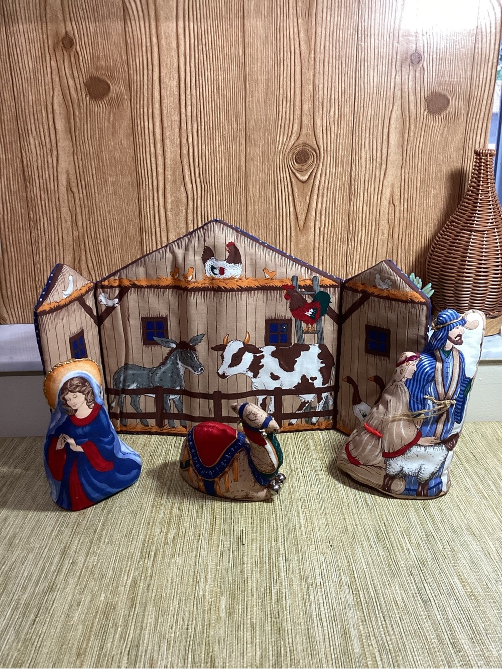 Hand-Made Fabric Nativity Set - Blue & Brown Stable,camel,Angel,Mary & Joseph